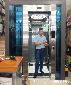 Thang Máy Gia Đình Khung Thép Vách Kính 350kg Lắp Giữa Lòng Thang Bộ Nhà Tầng Lệch