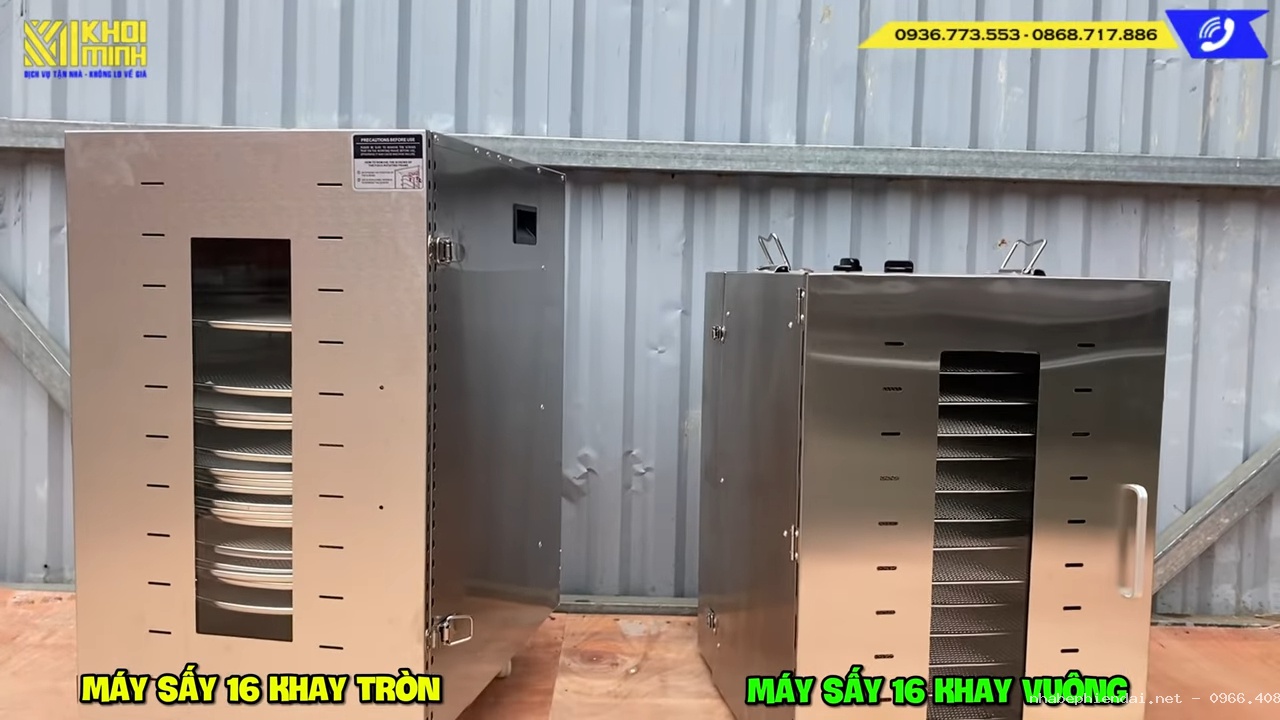 So Sánh Máy Sấy Thực Phẩm 16 Khay Vuông Và 16 Khay Tròn Tự Xoay