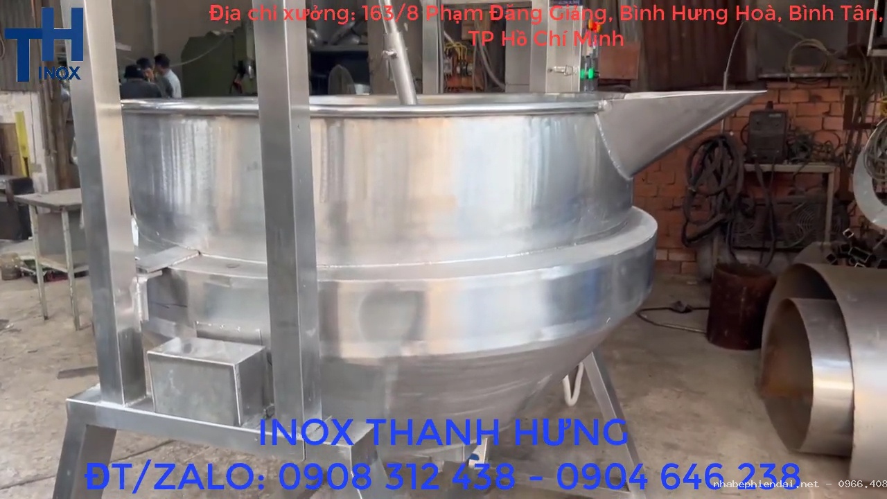 Chảo xào nhân công nghiệp 500 lít gia nhiệt cách thủy bằng dầu truyền nhiệt inox 304