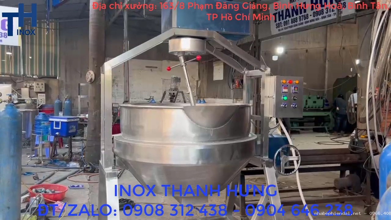 Chảo xào nhân công nghiệp 500 lít gia nhiệt cách thủy bằng dầu truyền nhiệt inox 304