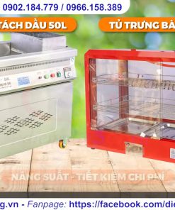 Combo bếp chiên tách dầu 50 lít và tủ trưng bày giữ nóng thực phẩm 2 tầng 3 khay