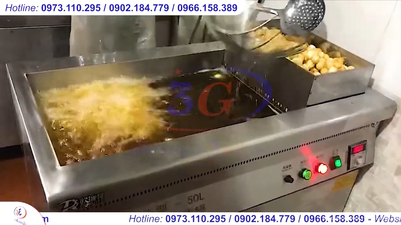 Combo bếp chiên tách dầu 50 lít và tủ trưng bày giữ nóng thực phẩm 2 tầng 3 khay