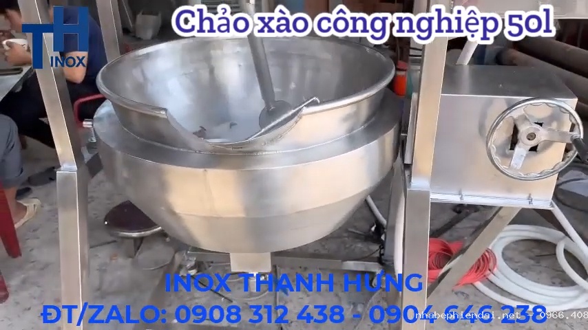 Chảo xào nhân công nghiệp điện tự động 50 lít inox 304 gia nhiệt cách thủy điện 1 pha