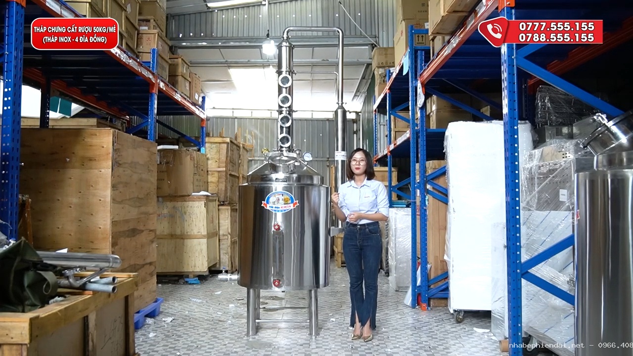 Tháp chưng cất rượu Newsun 4 tầng inox 304 công suất lớn