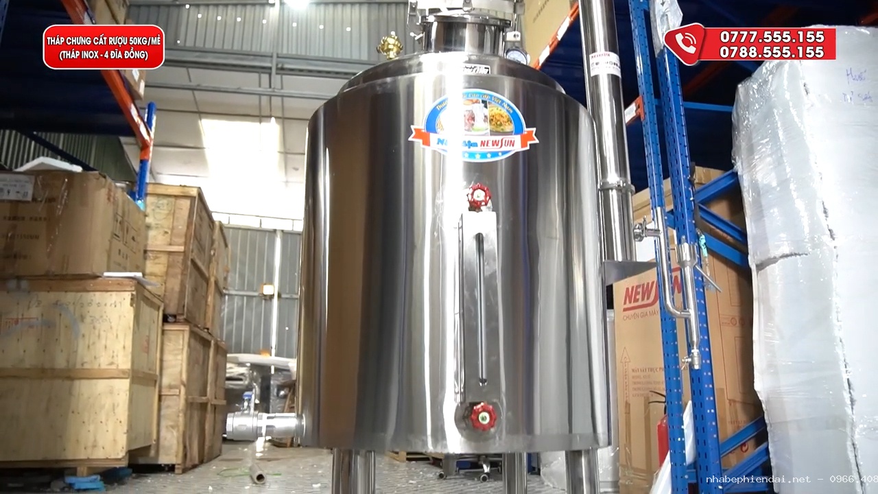 Tháp chưng cất rượu Newsun 4 tầng inox 304 công suất lớn