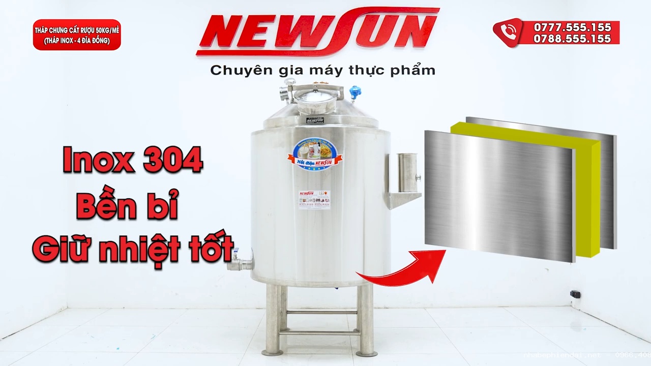Tháp chưng cất rượu Newsun 4 tầng inox 304 công suất lớn