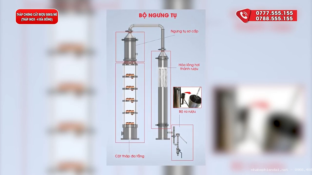 Tháp chưng cất rượu Newsun 4 tầng inox 304 công suất lớn