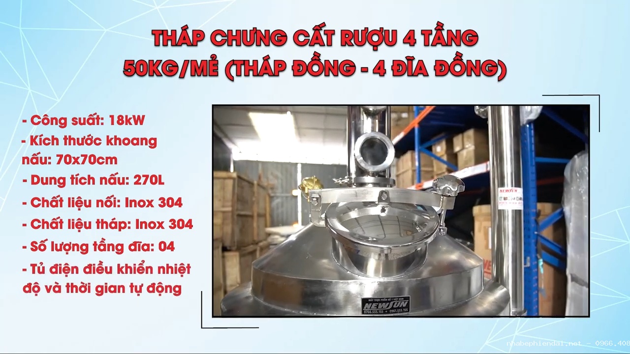 Tháp chưng cất rượu Newsun 4 tầng inox 304 công suất lớn